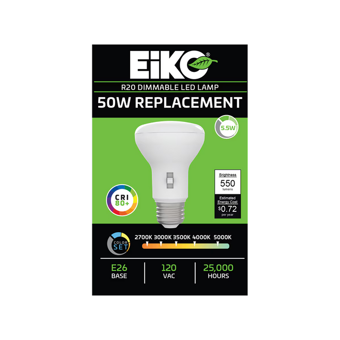 EIKO R20-6W-8FCCT-D 6W LED R20 Lamp Medium E26 Base ColorSET 2700K/3000K/3500K/4000K/5000K 80 CRI 120V Dimmable (16354)