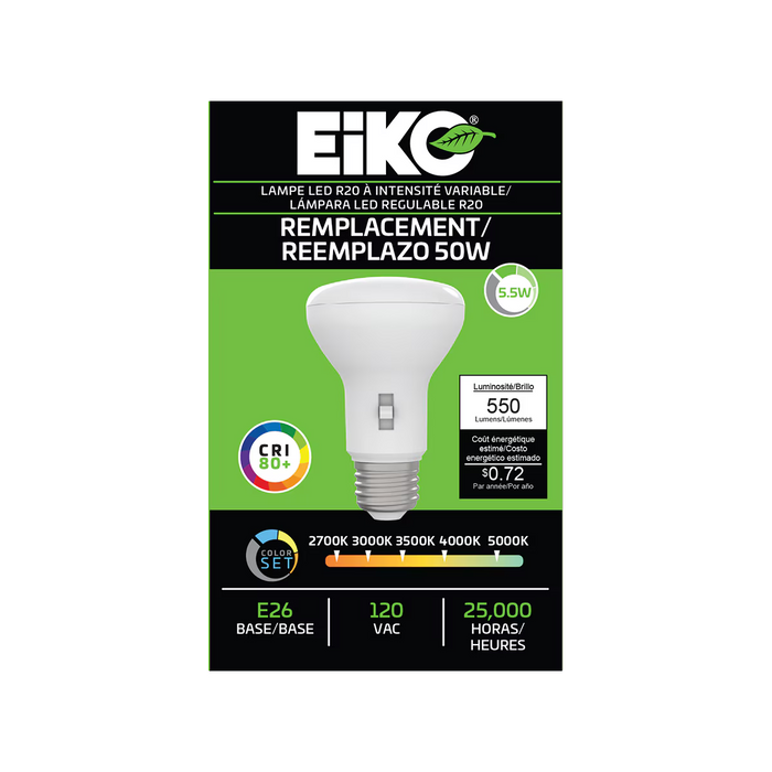 EIKO R20-6W-8FCCT-D 6W LED R20 Lamp Medium E26 Base ColorSET 2700K/3000K/3500K/4000K/5000K 80 CRI 120V Dimmable (16354)
