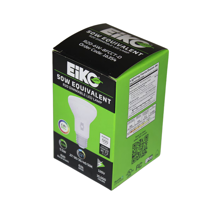 EIKO R20-6W-8FCCT-D 6W LED R20 Lamp Medium E26 Base ColorSET 2700K/3000K/3500K/4000K/5000K 80 CRI 120V Dimmable (16354)