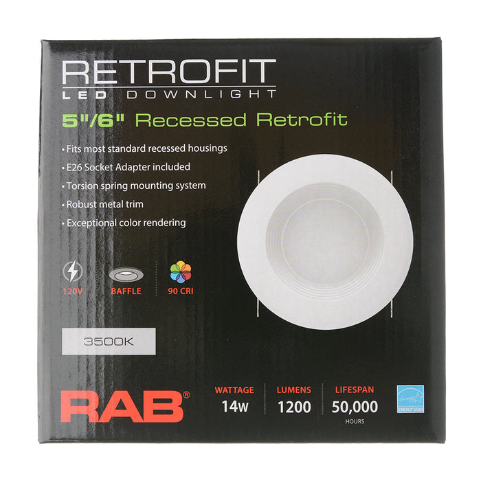 RAB Downlight Recessed 6 Inch Round 14W 1200Lm E26 92 CRI 3500K 120V Baffle (R6R14935120WB)