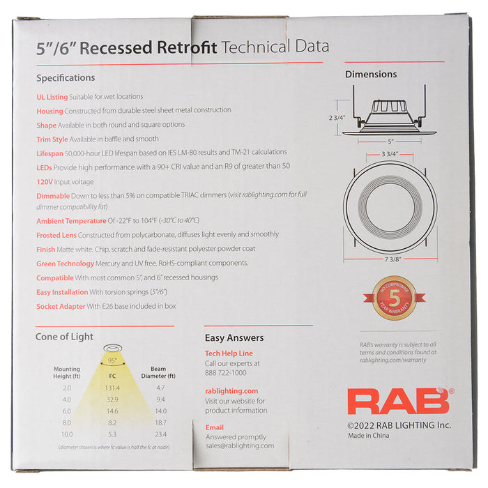 RAB Downlight Recessed 6 Inch Round 14W 1200Lm E26 92 CRI 3500K 120V Baffle (R6R14935120WB)
