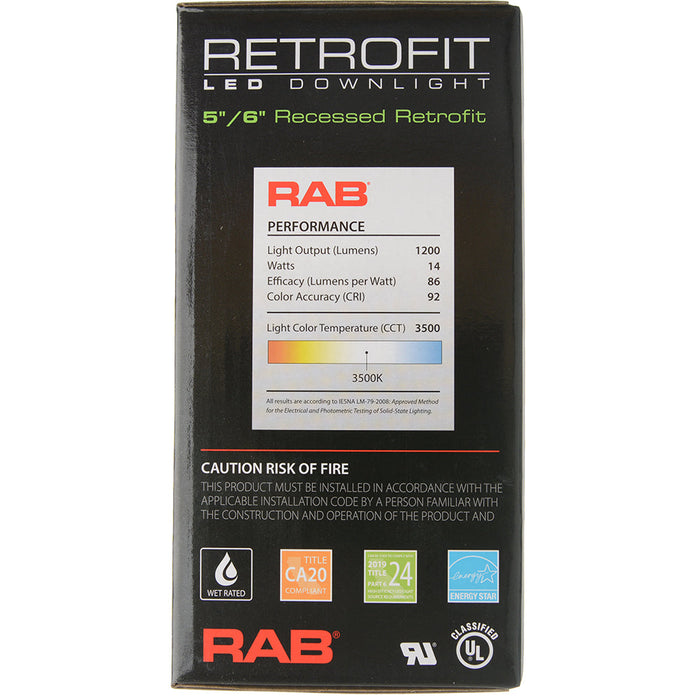 RAB Downlight Recessed 6 Inch Round 14W 1200Lm E26 92 CRI 3500K 120V Baffle (R6R14935120WB)