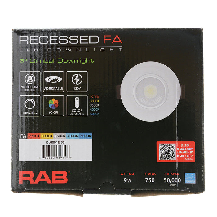 RAB 3 Inch LED Gimbal Downlight 9W 90 CRI CCT Field Adjustable 2700K/3000K/3500K/4000K/5000K 120V Triac Dimming Round White Trim (G3)