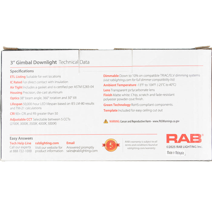 RAB 3 Inch LED Gimbal Downlight 9W 90 CRI CCT Field Adjustable 2700K/3000K/3500K/4000K/5000K 120V Triac Dimming Round White Trim (G3)