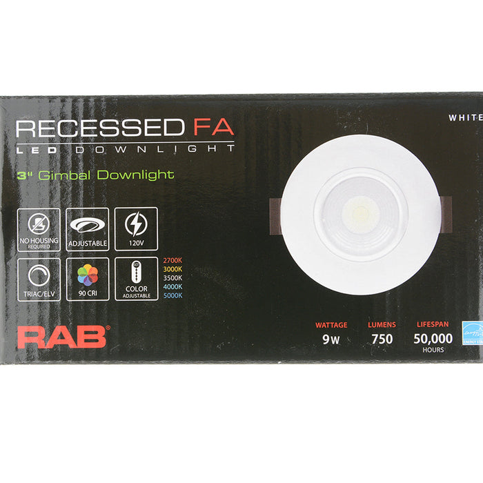 RAB 3 Inch LED Gimbal Downlight 9W 90 CRI CCT Field Adjustable 2700K/3000K/3500K/4000K/5000K 120V Triac Dimming Round White Trim (G3)