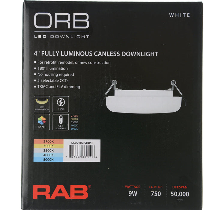RAB 4 Inch Recessed LED Canless Downlight Surface Mount 9W CCT Selectable 2700K/3000K/3500K/4000K/5000K Round White 120V Triac Dimming (ORB4)