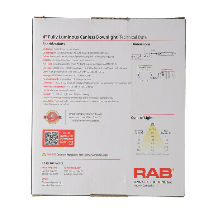 RAB 4 Inch Recessed LED Canless Downlight Surface Mount 9W CCT Selectable 2700K/3000K/3500K/4000K/5000K Round White 120V Triac Dimming (ORB4)