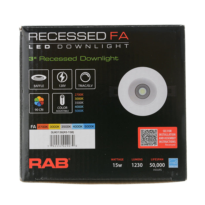 RAB 3 Inch LED Recessed Downlight 15W 90 CRI CCT Field Adjustable 2700K/3000K/3500K/4000K/5000K 120V Triac Dimming Round White Baffle Trim (R3-15B)