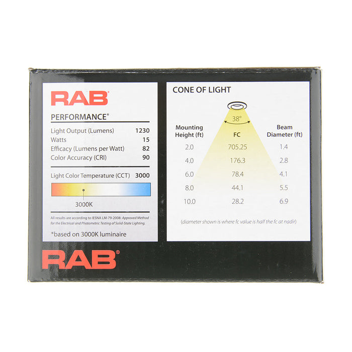 RAB 3 Inch LED Recessed Downlight 15W 90 CRI CCT Field Adjustable 2700K/3000K/3500K/4000K/5000K 120V Triac Dimming Round White Baffle Trim (R3-15B)