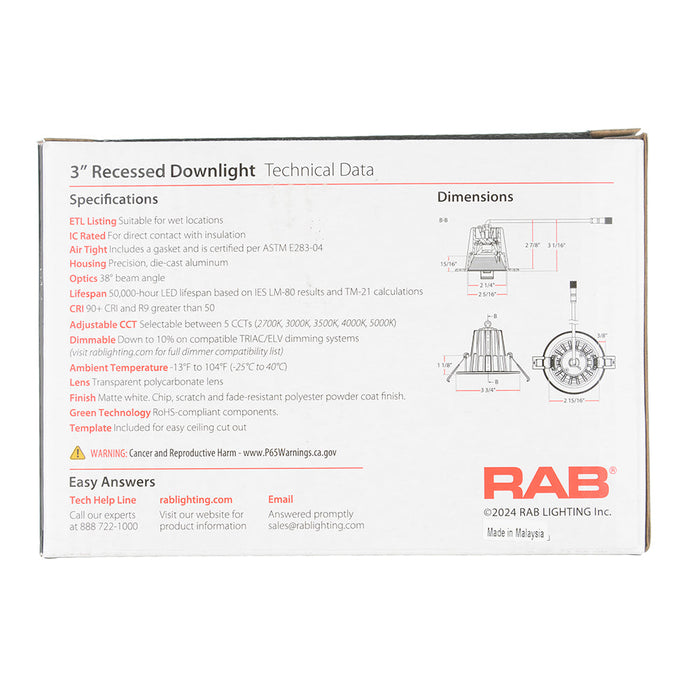RAB 3 Inch LED Recessed Downlight 15W 90 CRI CCT Field Adjustable 2700K/3000K/3500K/4000K/5000K 120V Triac Dimming Round White Baffle Trim (R3-15B)