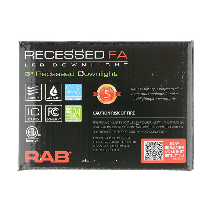 RAB 3 Inch LED Recessed Downlight 15W 90 CRI CCT Field Adjustable 2700K/3000K/3500K/4000K/5000K 120V Triac Dimming Round White Baffle Trim (R3-15B)