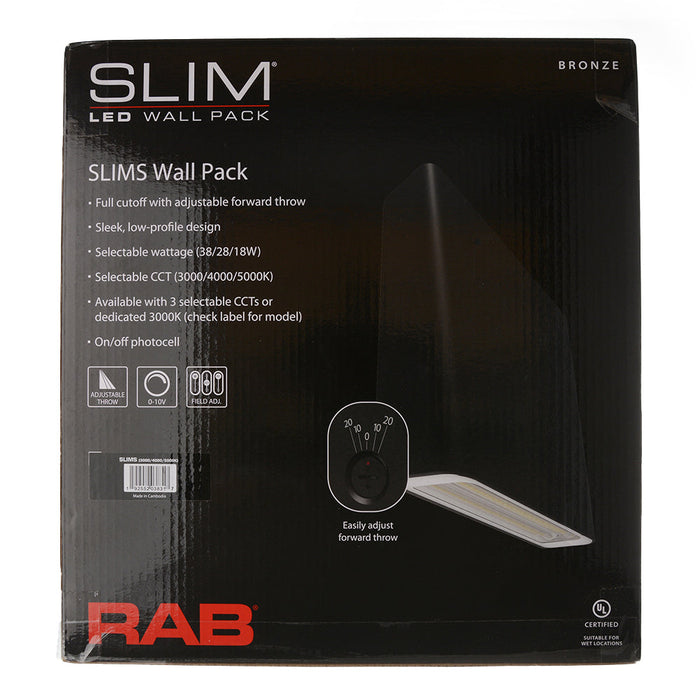 RAB Slim Small LED Wall Pack Wattage/CCT Selectable 38W/28W/18W 3000K/4000K/5000K 120-277V 0-10V Dimming Bronze (SLIMS)