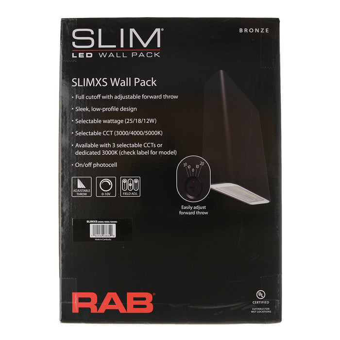 RAB Slim XS LED Wall Pack Wattage/CCT Selectable 25W/18W/12W 3000K/4000K/5000K 120-277V 0-10V Dimming Bronze (SLIMXS)
