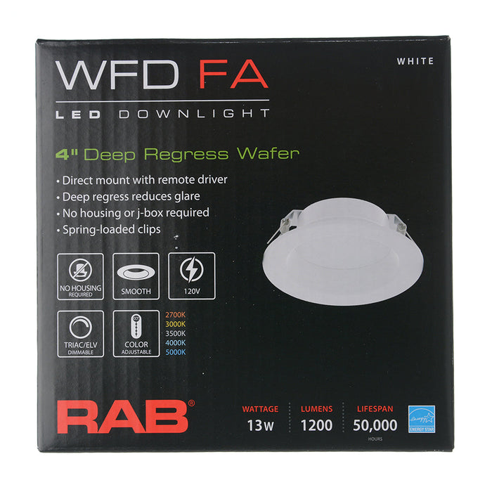 RAB 4 Inch LED Regress Wafer Downlight 13W 90 CRI CCT Field Adjustable 2700K/3000K/3500K/4000K/5000K 120V Triac Dimming White Smooth (WFD4)