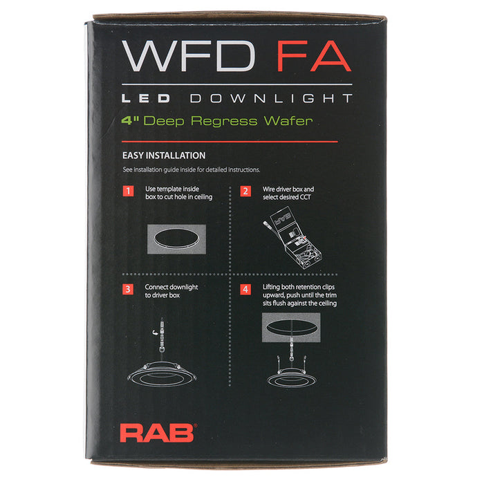 RAB 4 Inch LED Regress Wafer Downlight 13W 90 CRI CCT Field Adjustable 2700K/3000K/3500K/4000K/5000K 120V Triac Dimming White Smooth (WFD4)