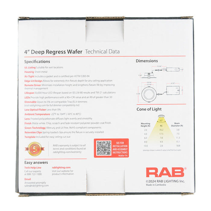 RAB 4 Inch LED Regress Wafer Downlight 13W 90 CRI CCT Field Adjustable 2700K/3000K/3500K/4000K/5000K 120V Triac Dimming White Smooth (WFD4)