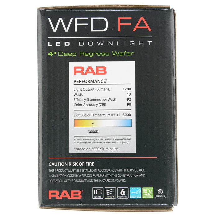 RAB 4 Inch LED Regress Wafer Downlight 13W 90 CRI CCT Field Adjustable 2700K/3000K/3500K/4000K/5000K 120V Triac Dimming White Smooth (WFD4)