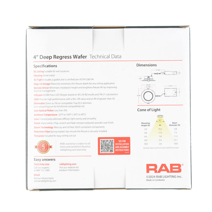 RAB 4 Inch LED Regress Wafer Downlight 13W 90 CRI CCT Field Adjustable 2700K/3000K/3500K/4000K/5000K 120V Triac Dimming White Baffle (WFD4B)