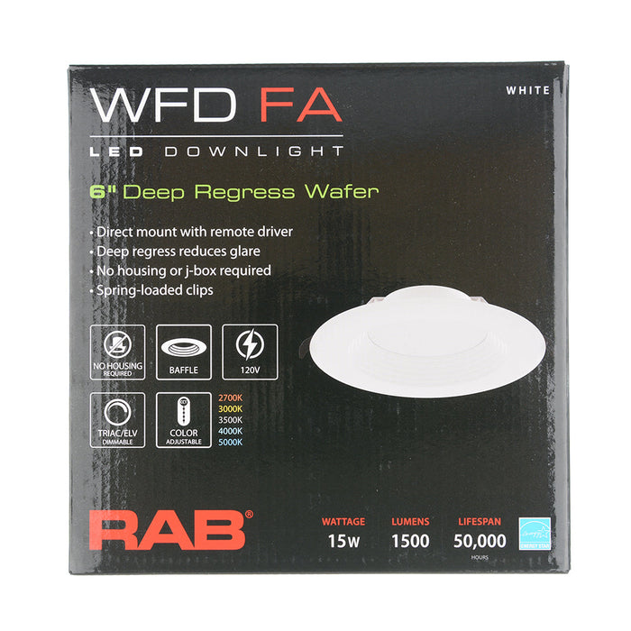 RAB 6 Inch LED Regress Wafer Downlight 15W 90 CRI CCT Field Adjustable 2700K/3000K/3500K/4000K/5000K 120V Triac Dimming White Baffle (WFD6B)