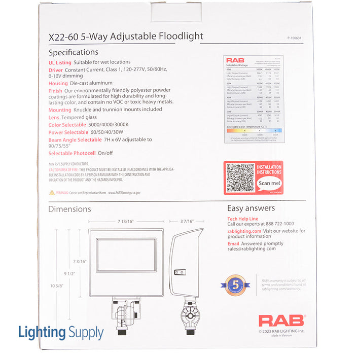RAB X22 LED Flood Field Adjustable 60W/50W/40W/30W 3000K/4000K/5000K 7H6V Knuckle Mount With Trunnion Kit Photocell Bronze (X22-60)