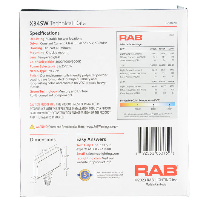 RAB LED Floodlight Wattage/CCT Selectable 35W/25W/20W 3000K/4000K/5000K Knuckle White 120V Or 277V (X34SW)