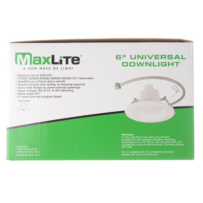 Maxlite 110745 Universal Downlight 6 Inch Wattage/CCT Selectable 10W/18W/23W 2700K/3000K/3500K/4000K/5000K 120-277V With 0-10V Dimming (RCF6V10WCS)