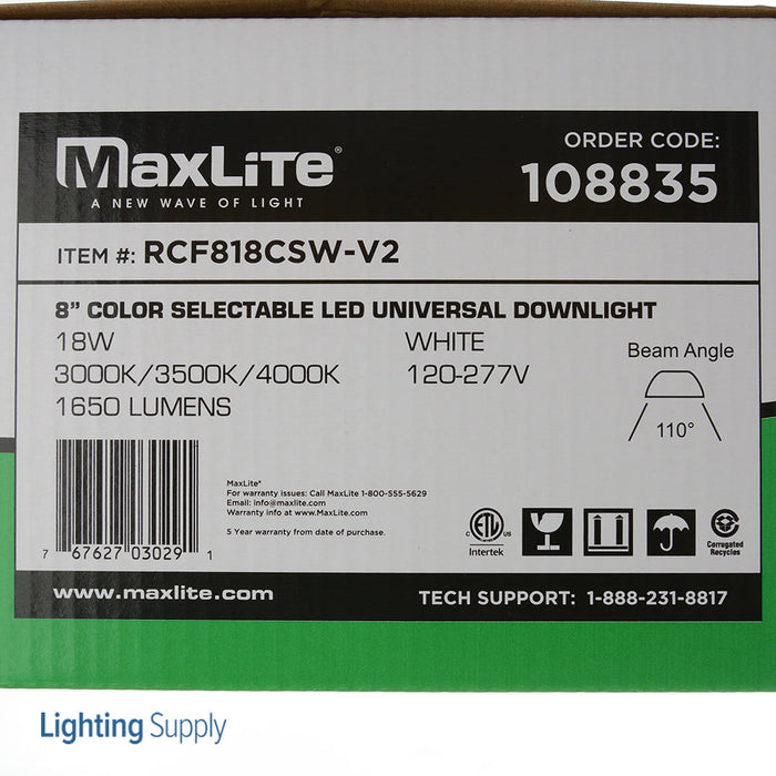 Maxlite 108835 Universal Downlight 8 Inch 18W CCT Selectable 3000K/3500K/4000K 120-277V With 120V Triac Dimming (RCF818CSW-V2)