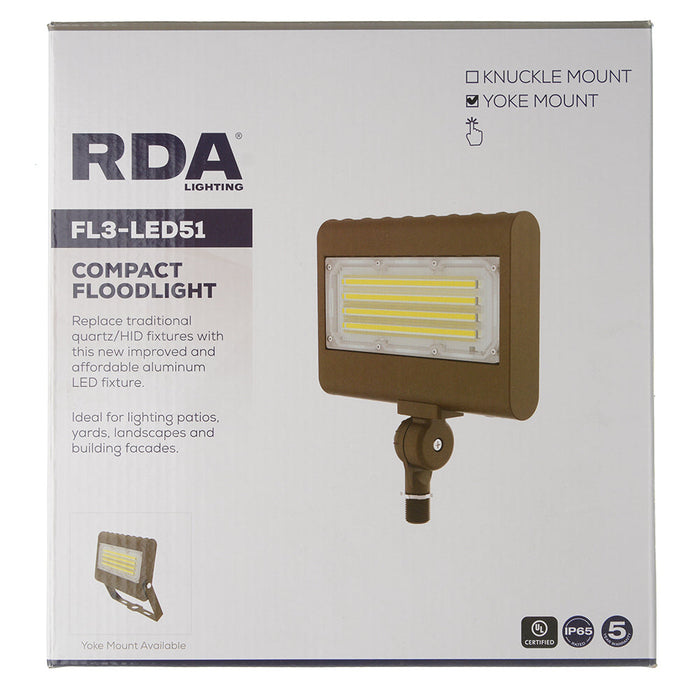 RDA Lighting FL3-LED51-B-5K-BRZ-DIM-YK Floodlight 51W 120-277V 5000K Bronze Finish 0-10V Dimming And Yoke Mount (052155)