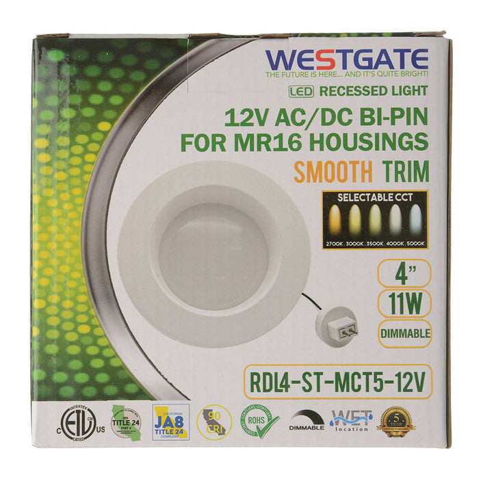 Westgate Manufacturing 4 Inch LED Retrofit 12V AC/DC Bi-Pin For MR16 Housings 11W CCT Selectable 2700K/3000K/3500K/4000K/5000K Smooth White (RDL4-ST-MCT5-12V)