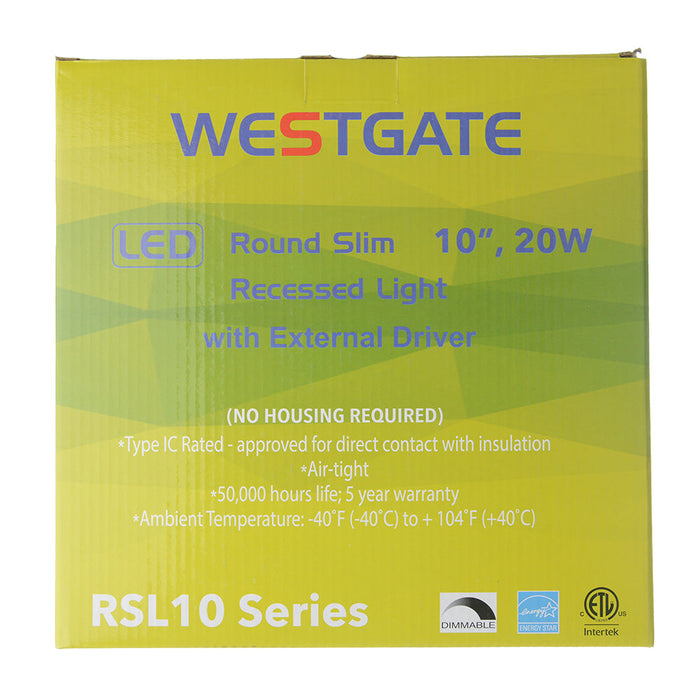 Westgate Manufacturing 10 Inch LED Slim Recessed Light 20W 1500Lm CCT Selectable 2700K/3000K/3500K/4000K/5000K 120V Dimmable Wet Location (RSL10-MCT5-WP)