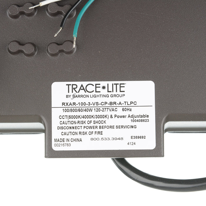 Trace-Lite Small LED Area Light Power/Color Switchable 40W/60W/80W/100W 3000K/4000K/5000K Type III 120-277VAC 0-10V Pole Mount Arm Twist Lock Photocontrol/Receptacle (RXAR-100-3-VS-CP-BR-A-TLPC)