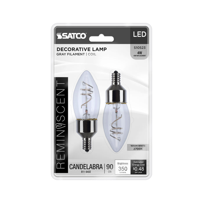 SATCO/NUVO 4W LED Reminiscent Flex Gray Coil Filament B11 Candelabra Base 2700K Clear 120V 2-Pack Priced Per Each (S10523)