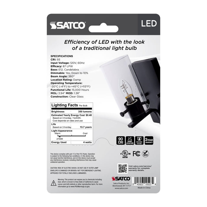 SATCO/NUVO 4W LED Reminiscent Flex Gray Coil Filament B11 Candelabra Base 2700K Clear 120V 2-Pack Priced Per Each (S10523)
