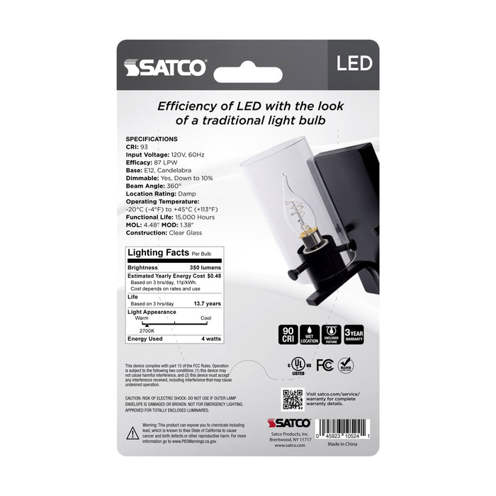 SATCO/NUVO 4W LED Reminiscent Flex Gray Coil Filament CA11 Candelabra Base 2700K Clear 120V 2-Pack Priced Per Each (S10524)