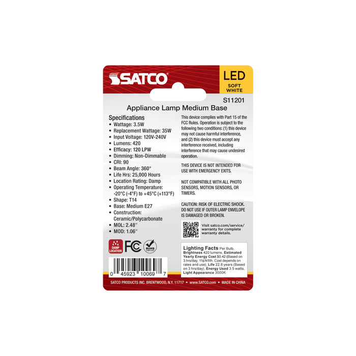 SATCO/NUVO 3.5W T14 LED 3000K European Medium E27 Base Clear Finish Appliance Lamp 120-240V (S11201)