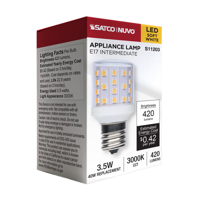 SATCO/NUVO 3.5W LED T14 E17 Base 3000K 420Lm Clear Dimmable 120V (S11203)