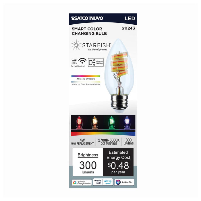 SATCO/NUVO 4W B11 LED 2700K-5000K RGB/Tunable White Starfish IOT Clear Medium E26 Base 120V (S11243)