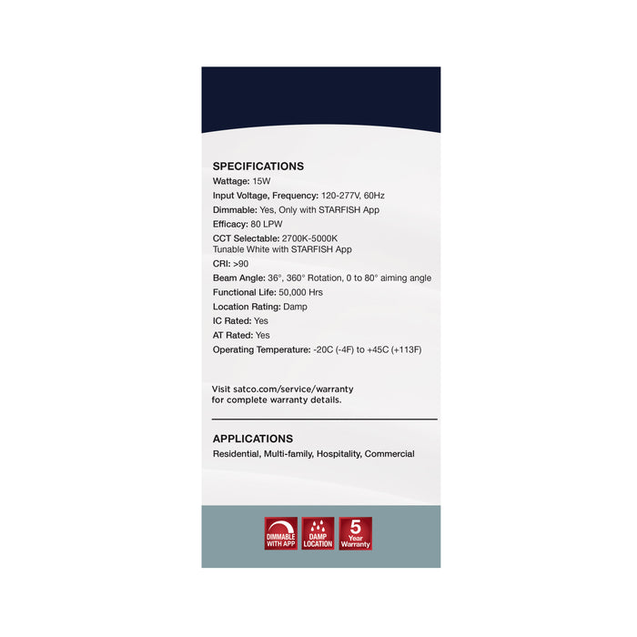 SATCO/NUVO 15W LED Gimbaled Downlight 6 Inch RGB And Tunable White Round Starfish IOT Black Finish 1200Lm 120-277V (S11296)