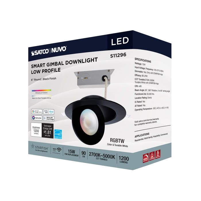 SATCO/NUVO 15W LED Gimbaled Downlight 6 Inch RGB And Tunable White Round Starfish IOT Black Finish 1200Lm 120-277V (S11296)