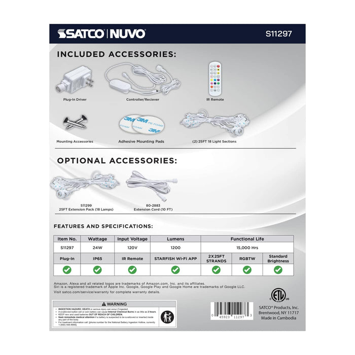 SATCO/NUVO Starfish Smart LED Eave Light Kit 50 Foot 24W 120V RGBTW With Light Strands-Driver-Controller/Receiver-IR Remote-Mounting Accessories (S11297)