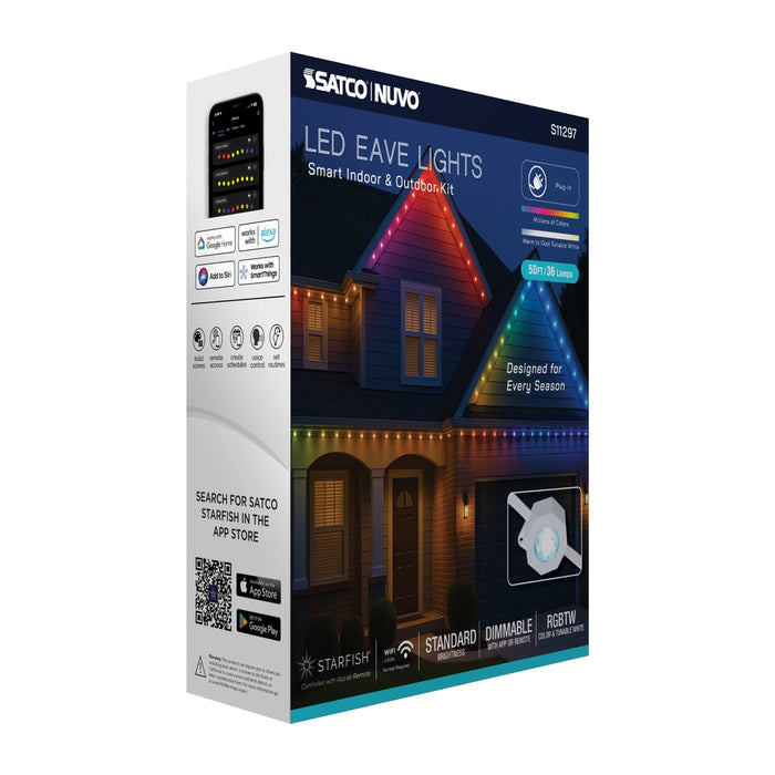 SATCO/NUVO Starfish Smart LED Eave Light Kit 50 Foot 24W 120V RGBTW With Light Strands-Driver-Controller/Receiver-IR Remote-Mounting Accessories (S11297)