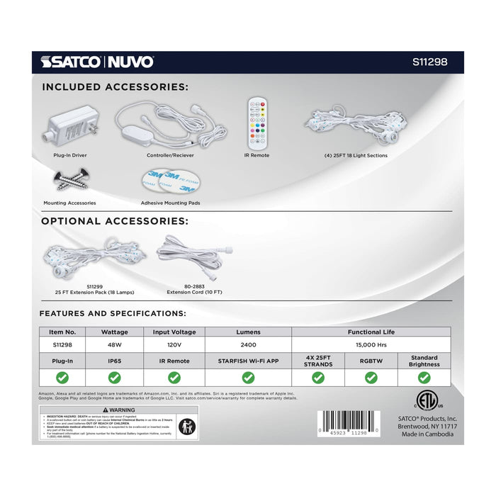 SATCO/NUVO Starfish Smart LED Eave Light Kit 100 Foot 48W 120V RGBTW With Light Strands-Driver-Controller/Receiver-IR Remote-Mounting Accessories (S11298)