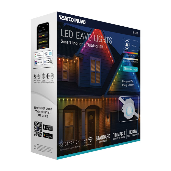 SATCO/NUVO Starfish Smart LED Eave Light Kit 100 Foot 48W 120V RGBTW With Light Strands-Driver-Controller/Receiver-IR Remote-Mounting Accessories (S11298)