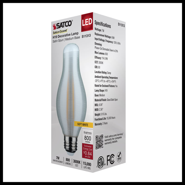 SATCO/NUVO 7W H19 LED 3000K Medium E26 Base Satin Spun Finish 120V (S11313)