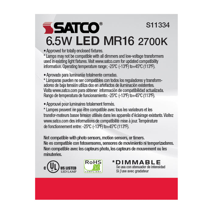SATCO/NUVO 6.5W MR16 LED 2700K GU5.3 Base 25 Degree Beam Spread 12V (S11334)