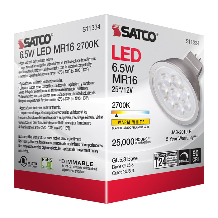 SATCO/NUVO 6.5W MR16 LED 2700K GU5.3 Base 25 Degree Beam Spread 12V (S11334)