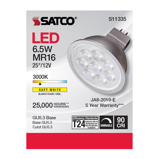 SATCO/NUVO 6.5W MR16 LED 3000K GU5.3 Base 25 Degree Beam Spread 12V (S11335)
