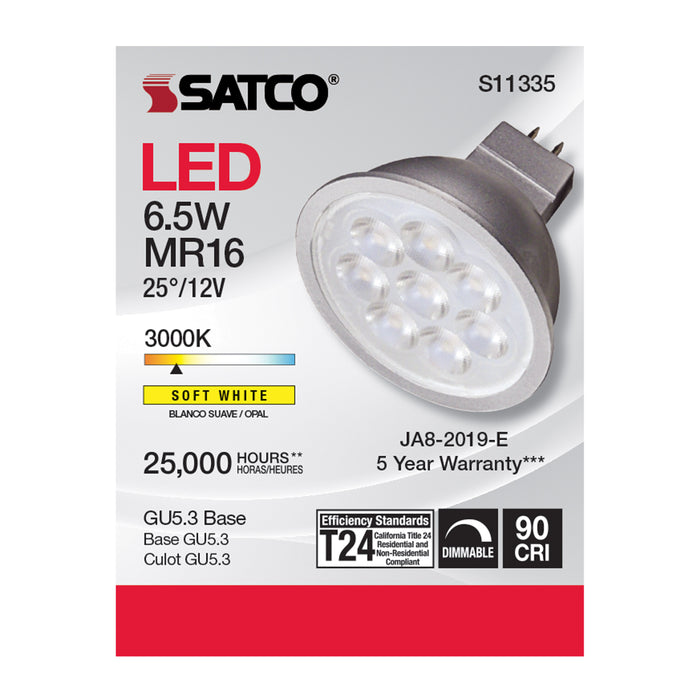 SATCO/NUVO 6.5W MR16 LED 3000K GU5.3 Base 25 Degree Beam Spread 12V (S11335)