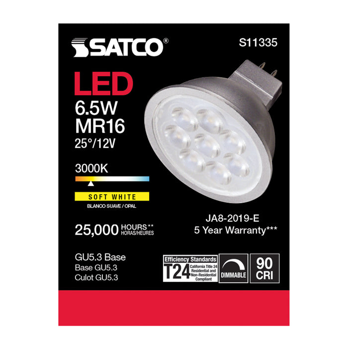 SATCO/NUVO 6.5W MR16 LED 3000K GU5.3 Base 25 Degree Beam Spread 12V (S11335)