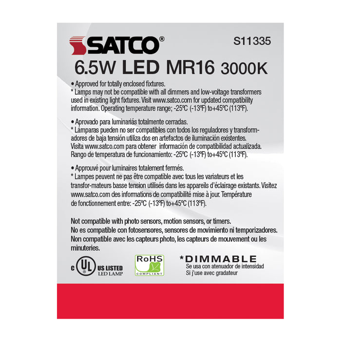 SATCO/NUVO 6.5W MR16 LED 3000K GU5.3 Base 25 Degree Beam Spread 12V (S11335)